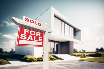 Sold Home For Sale Real Estate Sign in Front of Modern House - Generative AI.