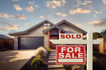 Sold Home For Sale Real Estate Sign in Front of House - Generative AI.