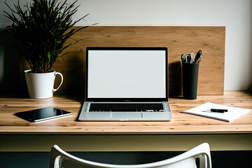 a mockup Inside a contemporary office, a laptop is on the desk with room for your text. Generative AI