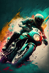 Exciting motorbike racing, grunge and expressionist poster illustration made with Generative AI