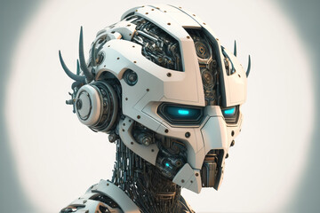 Robot head from Seth, isolated on a white backdrop. robotics, new technology, artificial intelligence, and human replacement. Generative AI