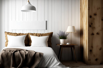 Blurred background, interior design mockup, farmhouse bedroom. Wooden furniture and wallpaper. Boho interior design, 3d illustration. Generative AI