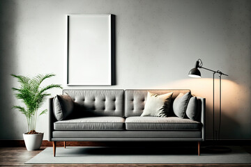 Mock up poster frame with gray sofa in modern interior background. Generative AI