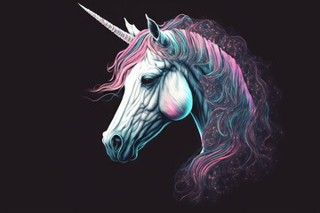 On a dark background, a white painted unicorn head with neon pink and blue colors stands out. notion of minimal fantasy art. Generative AI