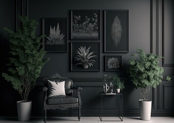 a single color monochromatic interior scene of a room in black and dark gray with furniture, plants, and four frames on the wall. Generative AI