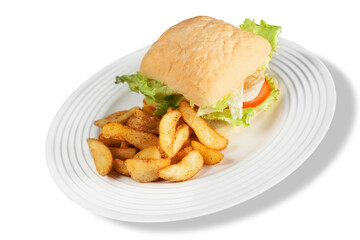 Hamburger with french fries on white plate