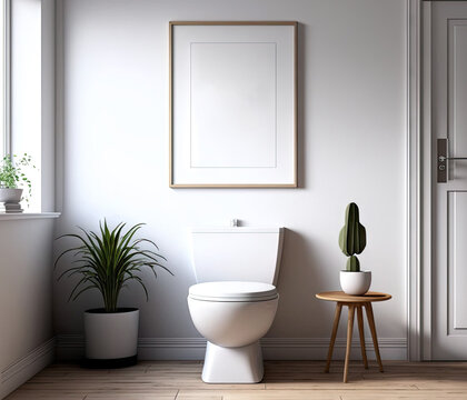Interior of a contemporary home's living room with a toilet. Create a mock up frame for two posters to be painted on a wall. vacant chair Template. Generative AI