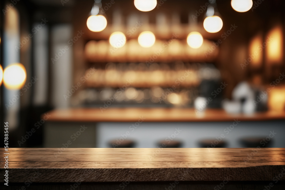 Poster wood table top on a background of a cafe store with a blurred counter and light bulbs. for montage p