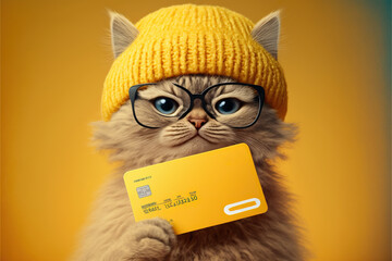 Cat with card. cat showing a blank credit card on yellow background. Created with Generative AI technology.