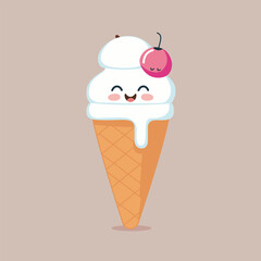 Cute illustration of smiling cone of ice cream.
