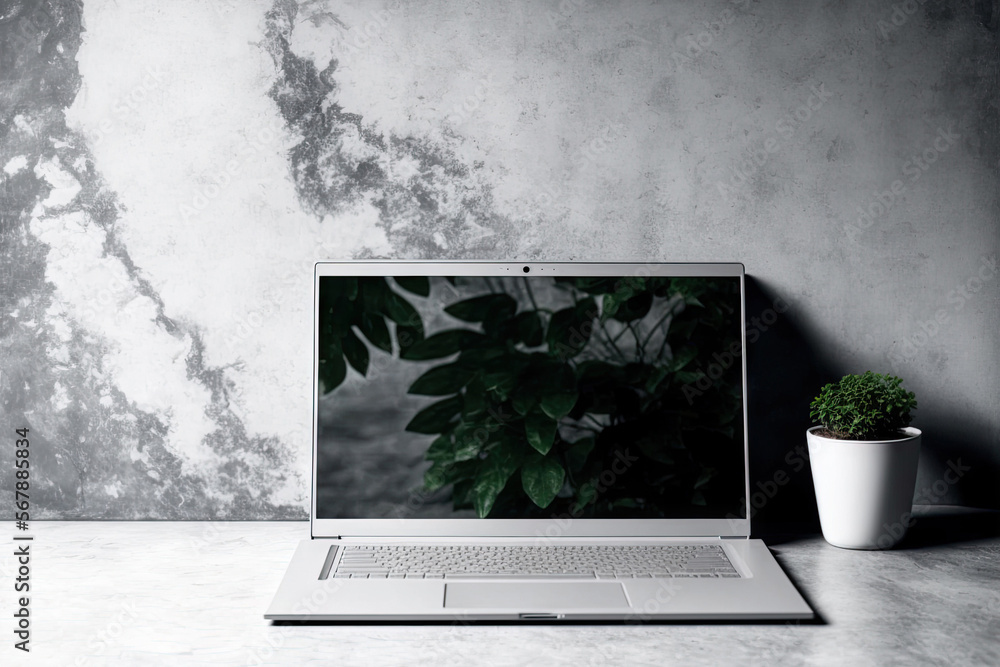 Poster the laptop's front is visible on the workspace's concrete background clipping path. generative ai