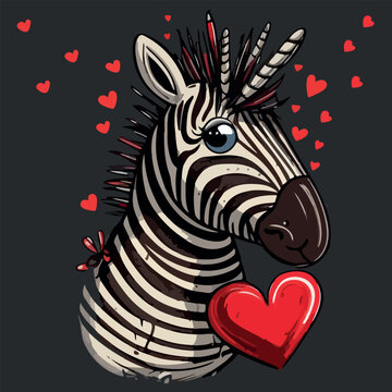 Zebra in love. T-shirts design for Valentine’s day, cartoon style