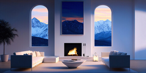 Luxurious Living Room with Fireplace Overlooking Mountains - Generative Ai
