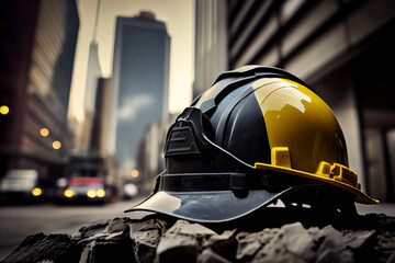 Sicherheit auf der Baustelle: Nahaufnahme von einem Sicherheitshelm, der auf einer Baustelle liegt - Generative Ai