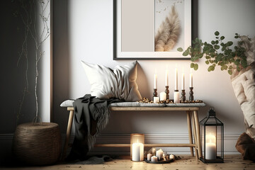 Scandinavian composition with a wooden bench, a mock up poster frame, decorations, a candle, and personal items. Modern and chic interior design. Template. Generative AI