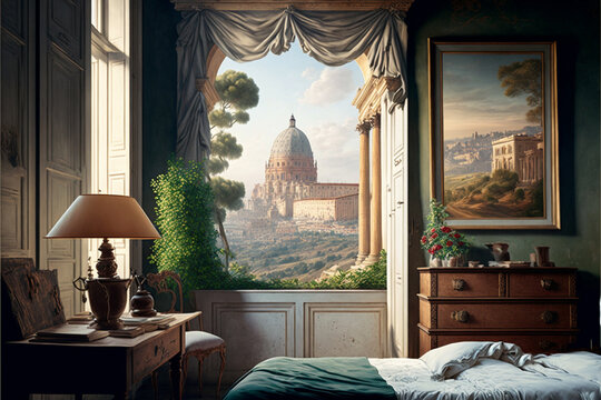 Antique Style Bedroom with a Stunning View towards Rome, Italy