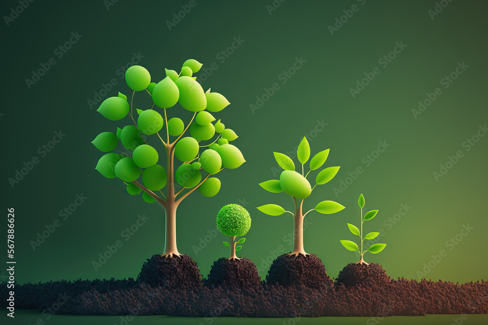 Sticker Concept for world environment day showing small trees of various sizes sprouting on a green background. Generative AI