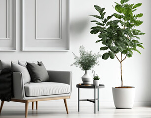 Minimalist modern living room interior background, living room mock up in scandinavian style, empty wall mockup,. Generative AI