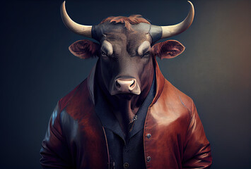 Generative AI:  a bull wearing a jacket and shirt in a photo studio background