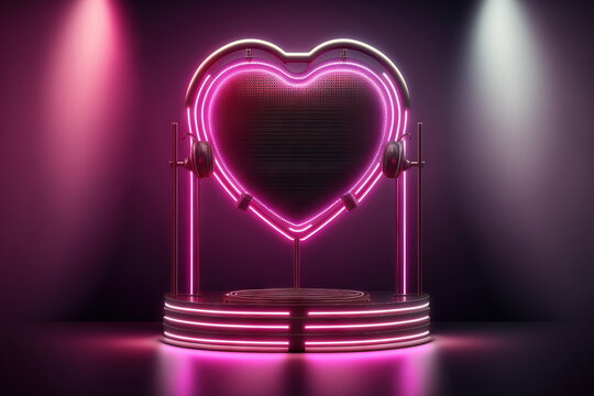 With a neon heart shaped frame, the beauty and fashion podium backdrop. Generative AI