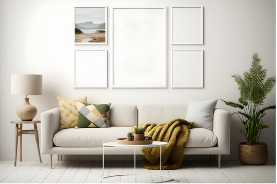 Mock up poster frame in modern beige home interior, Scandinavian style, 3d render, Generative ai