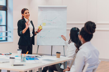 Caucasian businesswoman holding a meeting to his diverse colleagues in an office