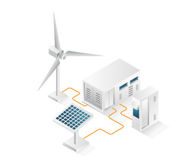Flat isometric concept 3d illustration of solar panel electric energy storage battery channel