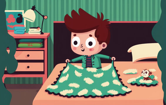 An Animated Animation Shows A Little Child Making His Bed. Concept Of Children Performing Tasks At Home. Generative AI