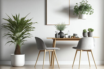 Scandinavian interior mockup wall with a gray, empty background. Wooden design for the table and chair. Generative AI