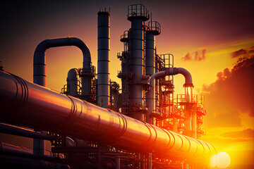 Führende Linien mit Rohrleitungen und Rohrgestell einer Erdölindustrieanlage bei Sonnenuntergang - Generative Ai