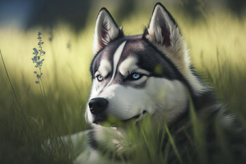 Obraz premium In the summer, a husky dog is lying on some grass. Generative AI