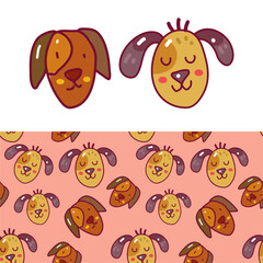dog head doodle and seamless pattern