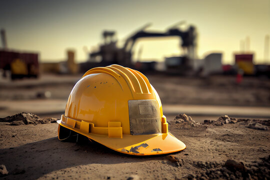 Sicherheit auf der Baustelle: Nahaufnahme von einen Sicherheitshelm, der auf einer Baustelle liegt - Generative Ai