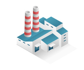 Flat isometric concept 3d illustration minimalist industrial building factory and chimney