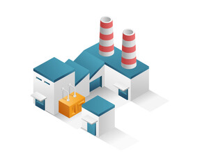 Fototapeta premium Flat isometric concept 3d illustration factory industrial minimalist building with chimney 1
