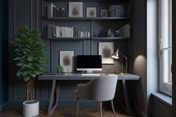 books, a laptop screen, and materials for the home office are all nearby. interior design desk in a home. Generative AI
