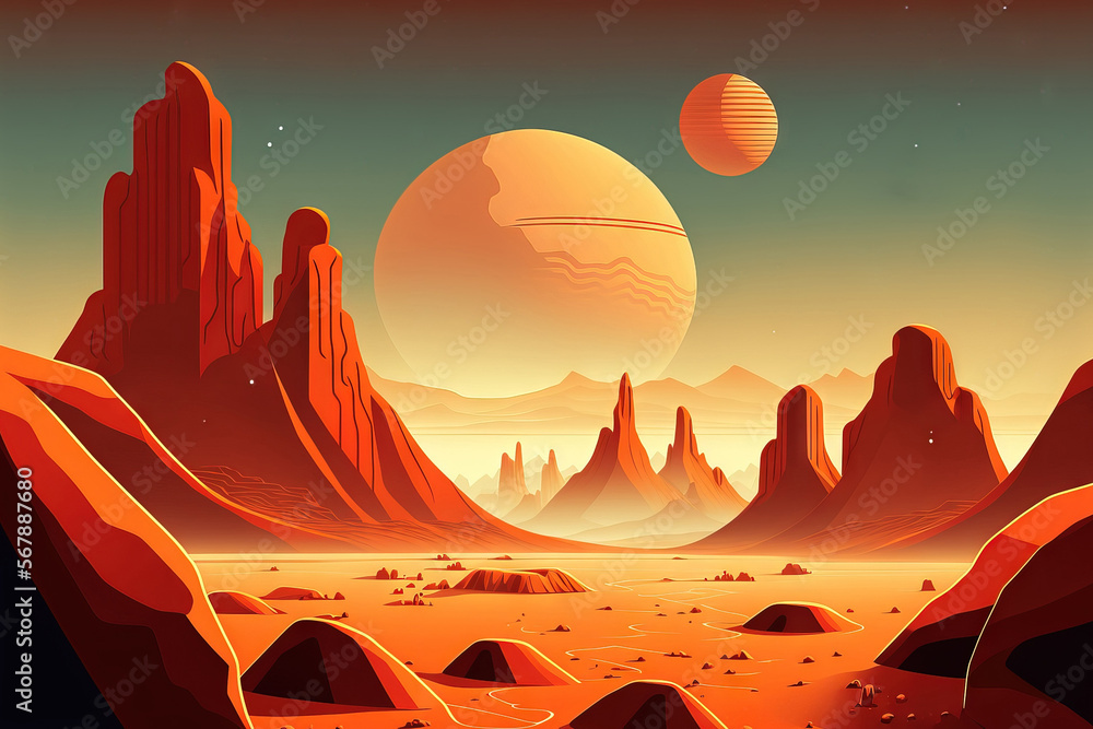 Aufkleber mars' surface is a scene from a distant planet. backdrop for a space game with an orange ground, mou