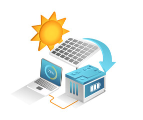 Flat isometric 3d illustration concept of solar panel maintenance with computer