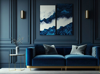 Premium livingroom in blue tones trend. Empty wall for art blank background. Large dark blue couch with navy walls. Luxury lounge room design or reception hall or office space. Generative AI