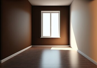 Frontal View of the Empty Interior with Brown Plastered Walls, a Large Window on the Left, White Plinth and a Light Parquet Floor. Unfurnished room. 3D illustration, 8K Ultra HD, 7680x4320, 300 dpi
