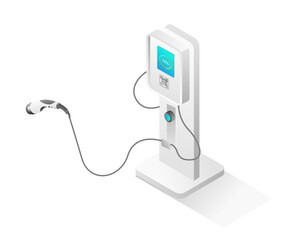 Flat isometric 3d illustration concept of electric car charging machine from solar panel energy