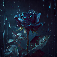 Generative AI:  illustration of rose on black background under the rain