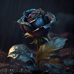 Generative AI:  illustration of rose on black background under the rain