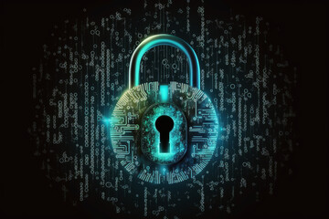 Cybersecurity and data privacy protection concept, lock, binary digits background, generative ai