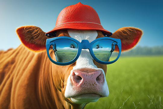 Funny cow with sunglasses and red hat in front of a green field background. Generative AI.