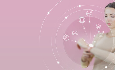 Fit girl Digital hologram Digital technology AI Social Networks Close up Banner Space for text on...