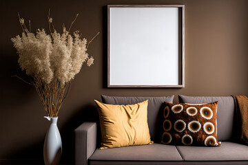 Frame mockup in home interior with decoration, living room in brown warm color,. Generative AI