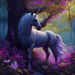 Generative AI:  unicorn in a fairy colorful forest