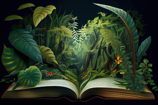 Generative AI:  A tropical forest jungle appearing in a opening book