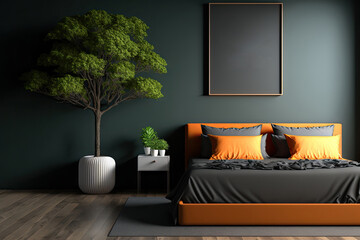 Dark bedroom interior mockup with wooden floor, green tree. Orange bed on empty gray wall background. Scandinavian style. . High quality 3d illustration. 3D Illustration. Generative AI